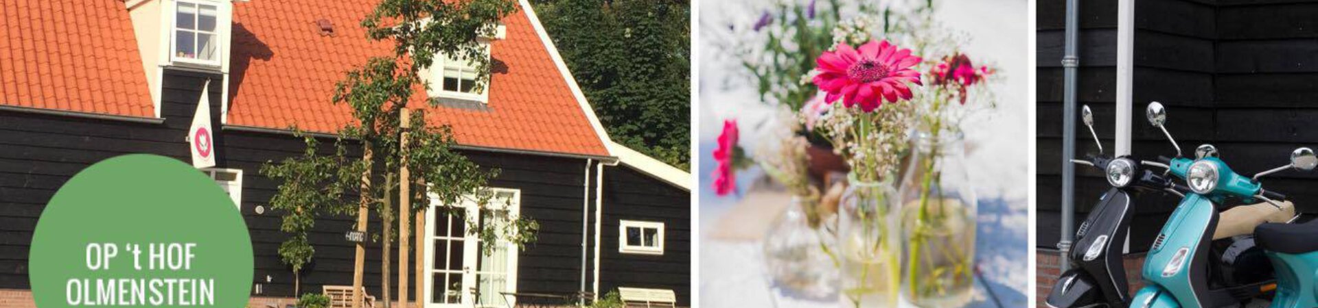 Banner locatie Op 't hof Olmenstein met bloemen en scooters