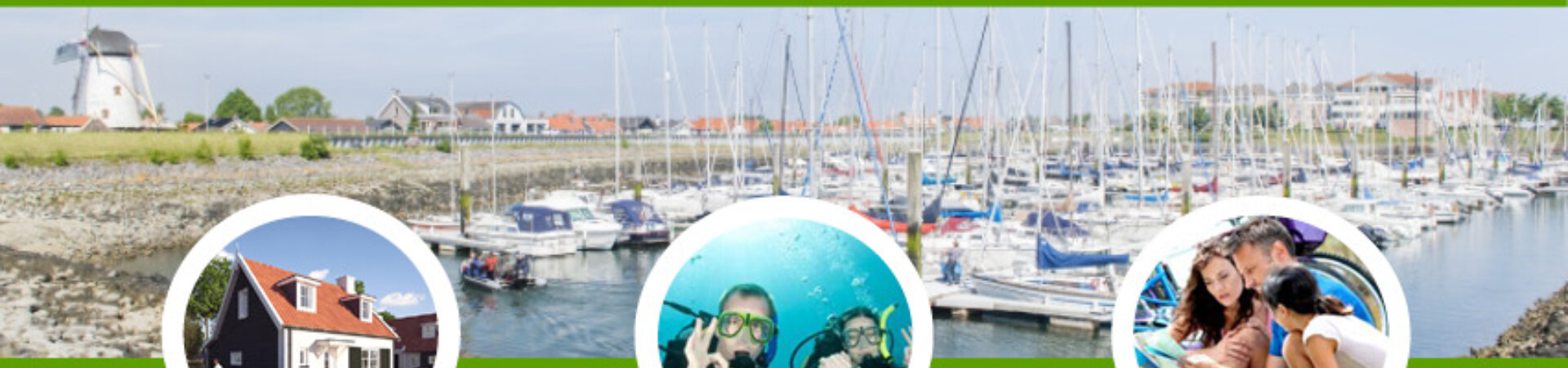 omslagfoto de Stelhoeve. Foto van de haven met 3 kleinere foto's. 1 van een huis, 1 van duikers en 1 van 3 personen