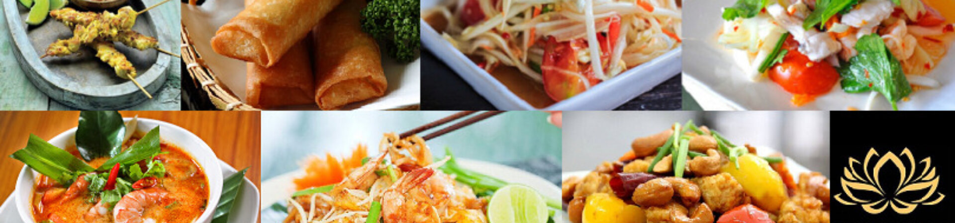 Verschillende Thaise gerechten, zoals loempia, saté en soep