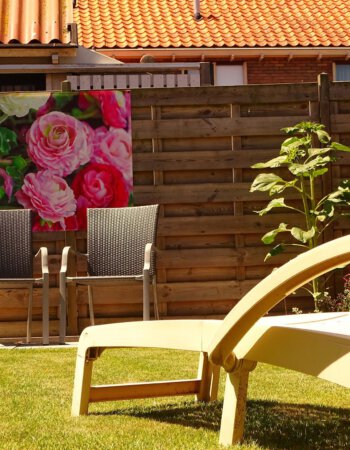 Achtertuin met schutting, twee stoelen, gras en een loungestoel