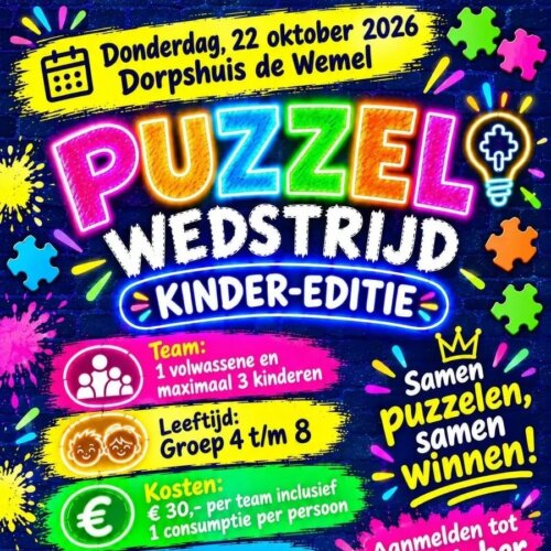 Aankondiging puzzelwedstrijd voor kinderen in De Wemel op 22 oktober 2026