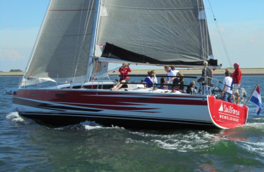 Sailing boat at sea with crew