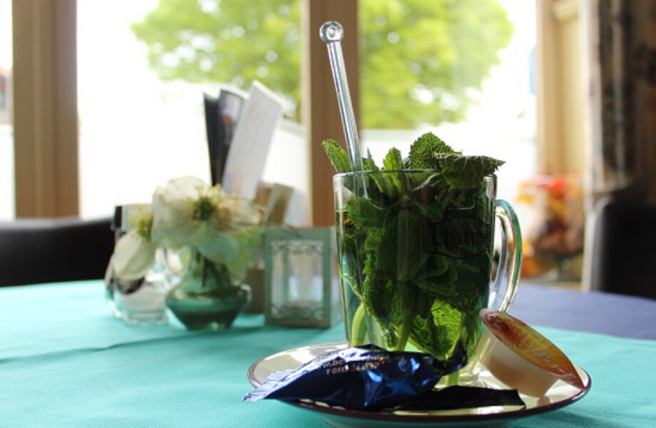 Verse muntthee op schotel met koekje