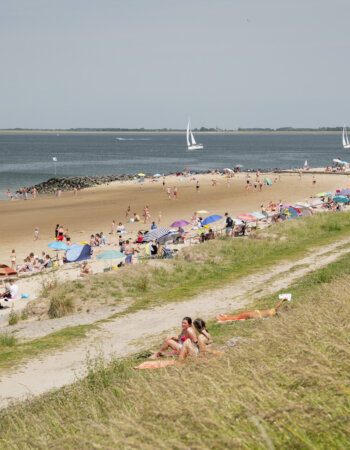 Mensen zeilen op het water en liggen op het strand van Wemeldinge