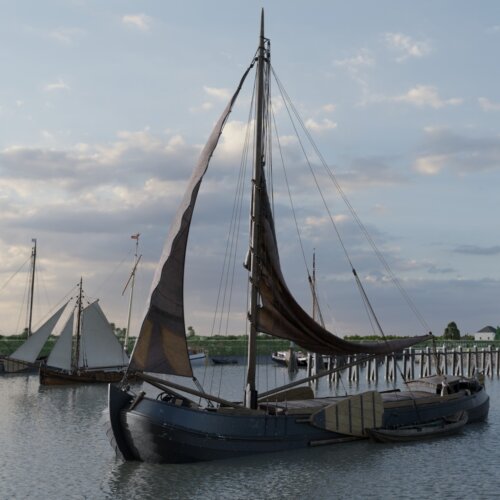 Tekening van historische boten en parlevinkers in de haven