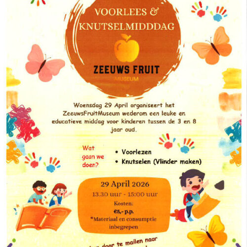 Aankondiging voorlees- en knutselmiddag ZeeuwsFruitmuseum 29 april 2026