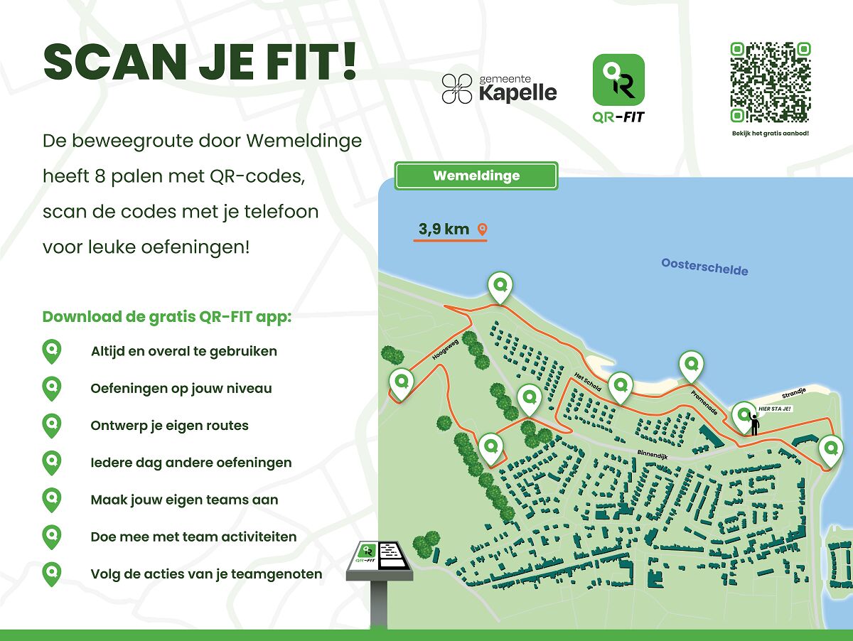 Promotiebord waarop je de hele QR-Fit route ziet die door Wemeldinge loopt